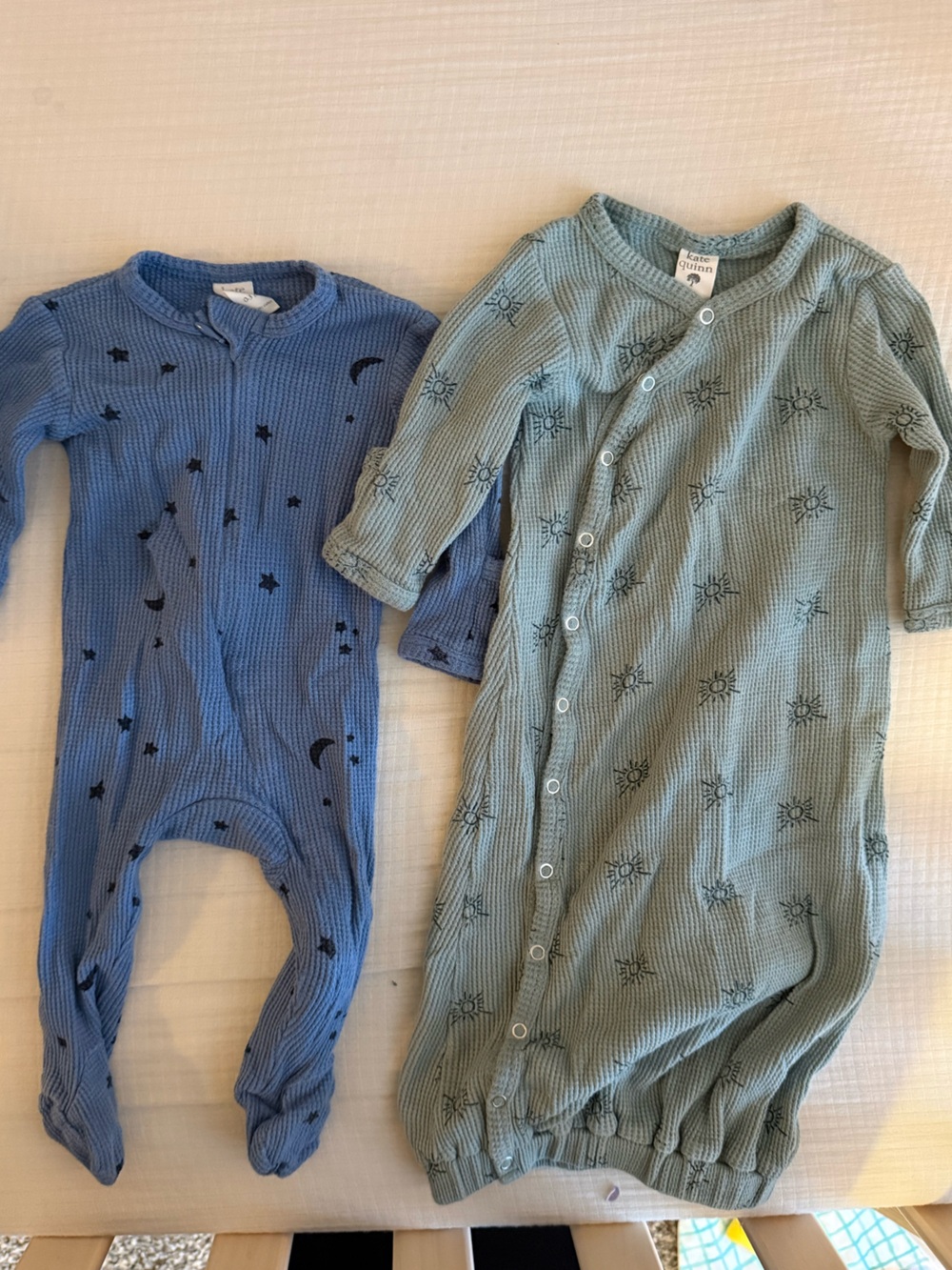 kate quinn baby boy bundle- Blue zipper footie and sage nightgown- EUC